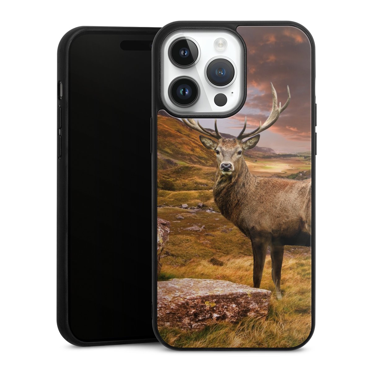 iPhone 14 Pro Max Handy Gallery Case Handyhülle 9H Gehärtetes Glas Rückseite Hülle Meadow Mountain Deer Gallery Case