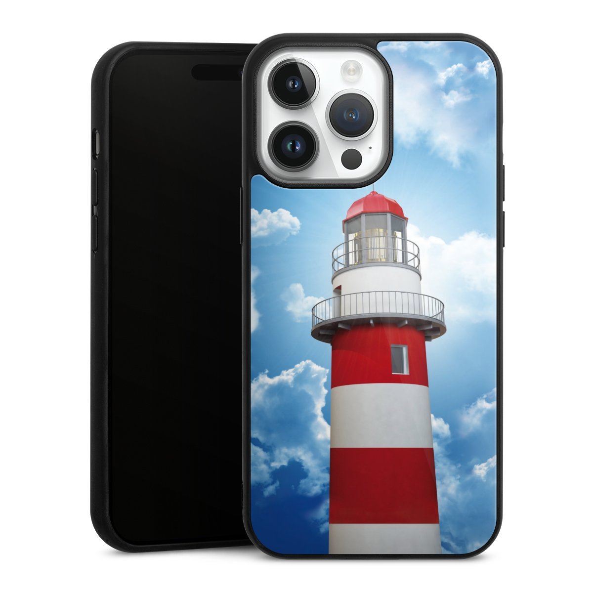 iPhone 14 Pro Max Handy Gallery Case Handyhülle 9H Gehärtetes Glas Rückseite Hülle Lighthouse Sky Cloud Gallery Case