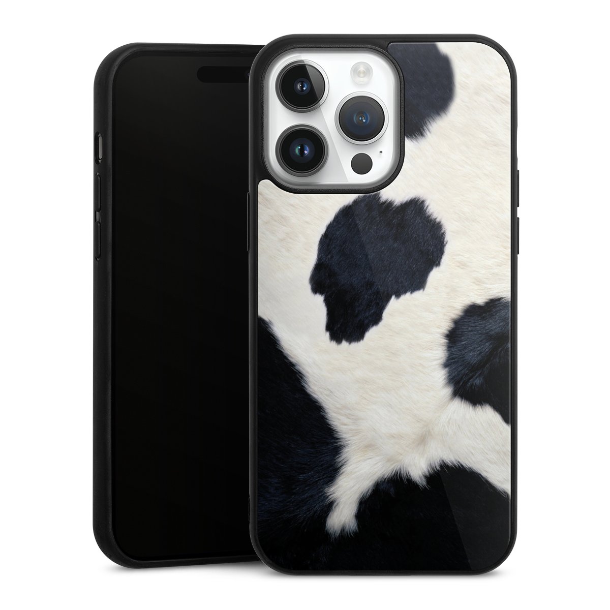 iPhone 14 Pro Max Handy Gallery Case Handyhülle 9H Gehärtetes Glas Rückseite Hülle Animal Look Animal Print Cow Skin Gallery Case