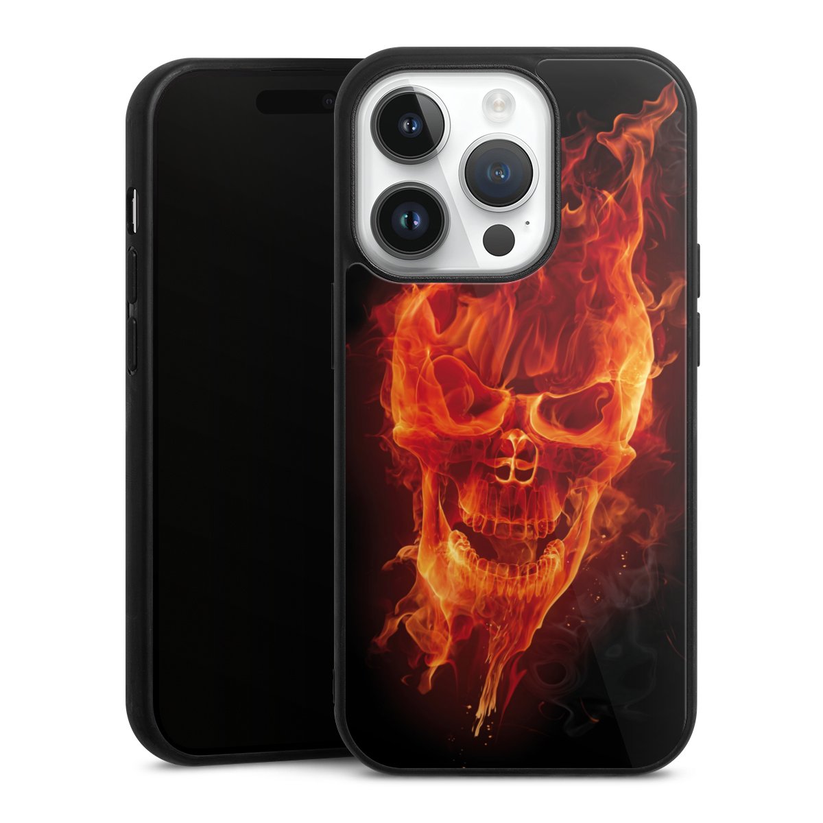 iPhone 14 Pro Handy Gallery Case Handyhülle 9H Gehärtetes Glas Rückseite Hülle Totenkopf Skull Fire Gallery Case