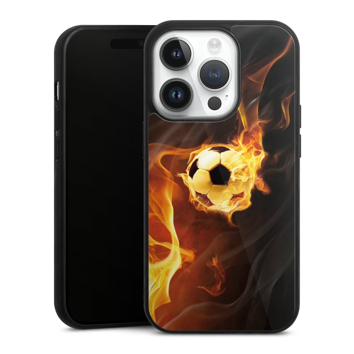 iPhone 14 Pro Handy Gallery Case Handyhülle 9H Gehärtetes Glas Rückseite Hülle Ball Fire Soccer Gallery Case