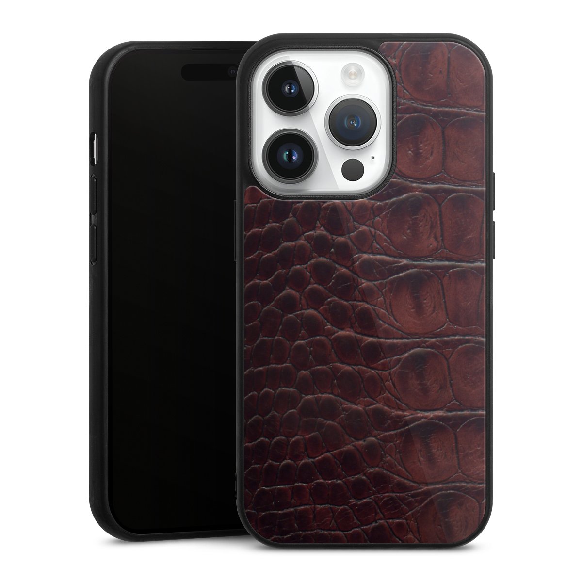 iPhone 14 Pro Handy Gallery Case Handyhülle 9H Gehärtetes Glas Rückseite Hülle Crocodile Animal Print Leather Gallery Case