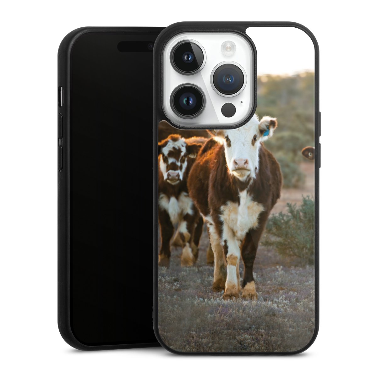 iPhone 14 Pro Handy Gallery Case Handyhülle 9H Gehärtetes Glas Rückseite Hülle Cow Farmer Calf Gallery Case