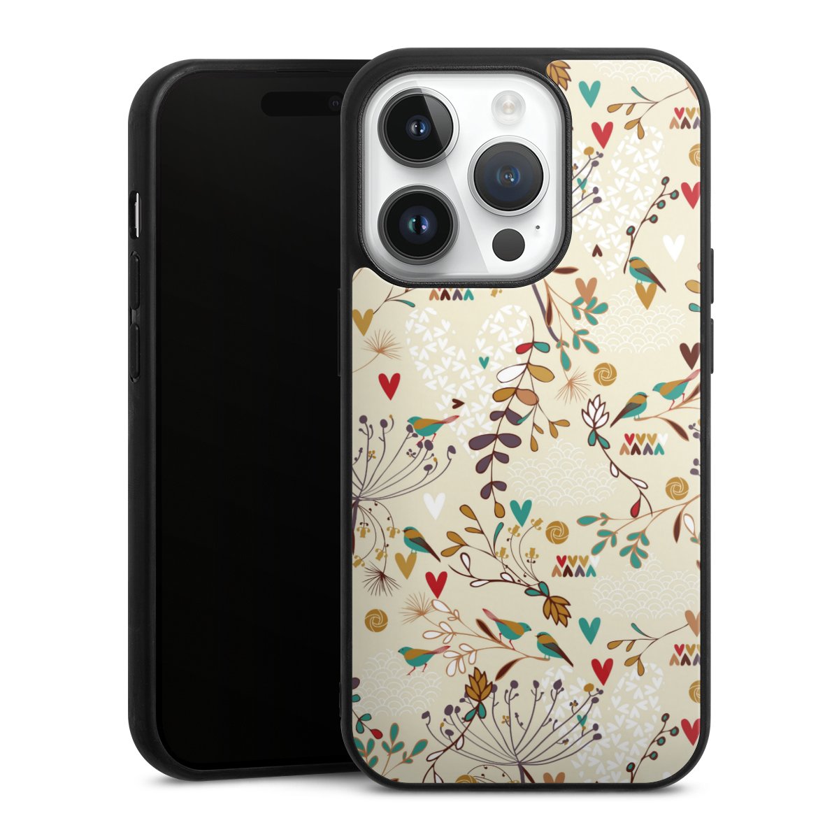 iPhone 14 Pro Handy Gallery Case Handyhülle 9H Gehärtetes Glas Rückseite Hülle Bird Flowers Retro Gallery Case