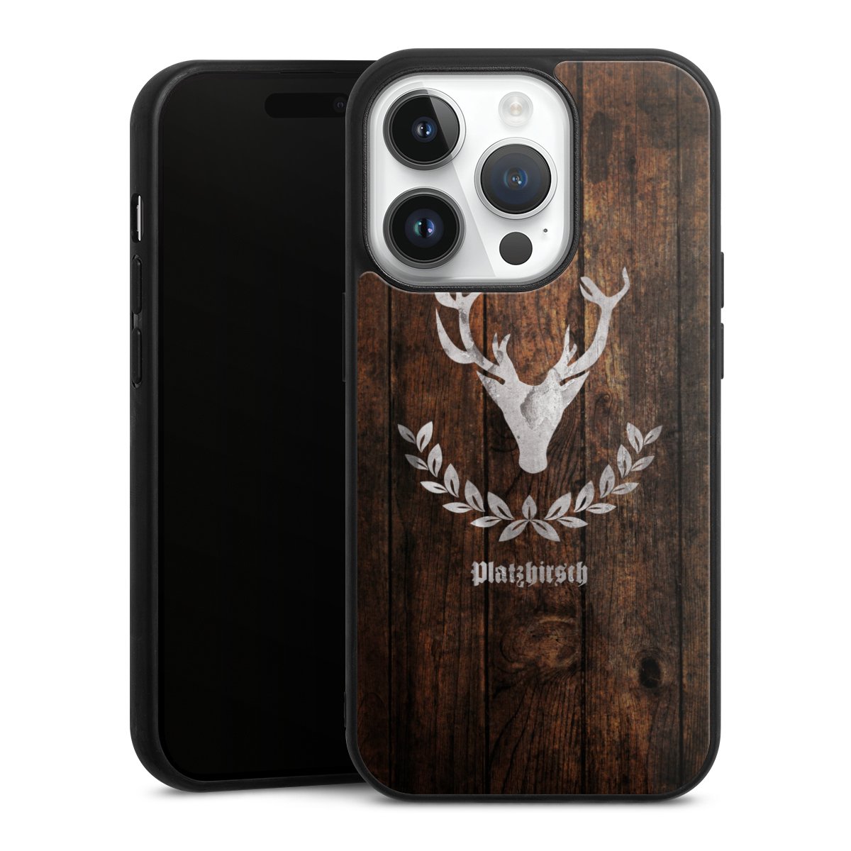 iPhone 14 Pro Handy Gallery Case Handyhülle 9H Gehärtetes Glas Rückseite Hülle Deer Wood Wooden Look Gallery Case