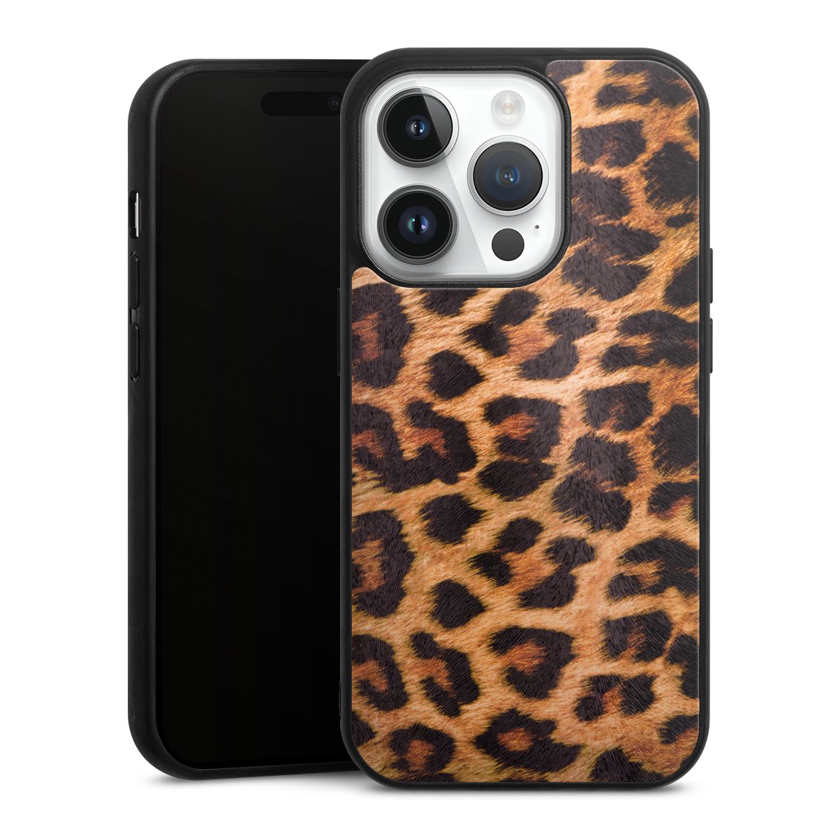 iPhone 14 Pro Handy Gallery Case Handyhülle 9H Gehärtetes Glas Rückseite Hülle Animal Print Leopard Fur Gallery Case