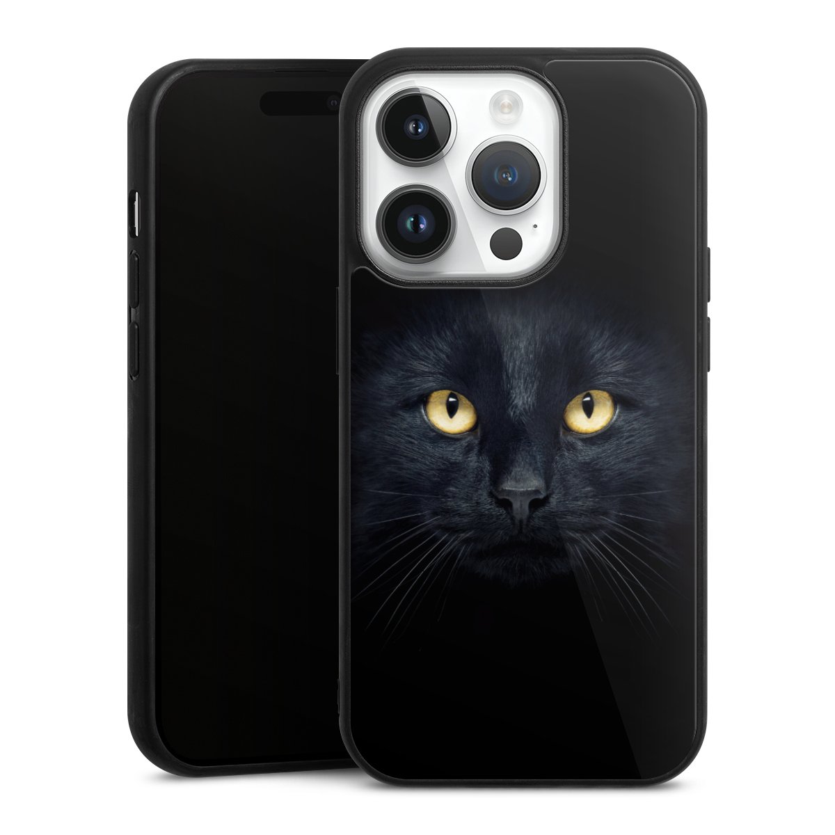 iPhone 14 Pro Handy Gallery Case Handyhülle 9H Gehärtetes Glas Rückseite Hülle Eye Cat Black Gallery Case