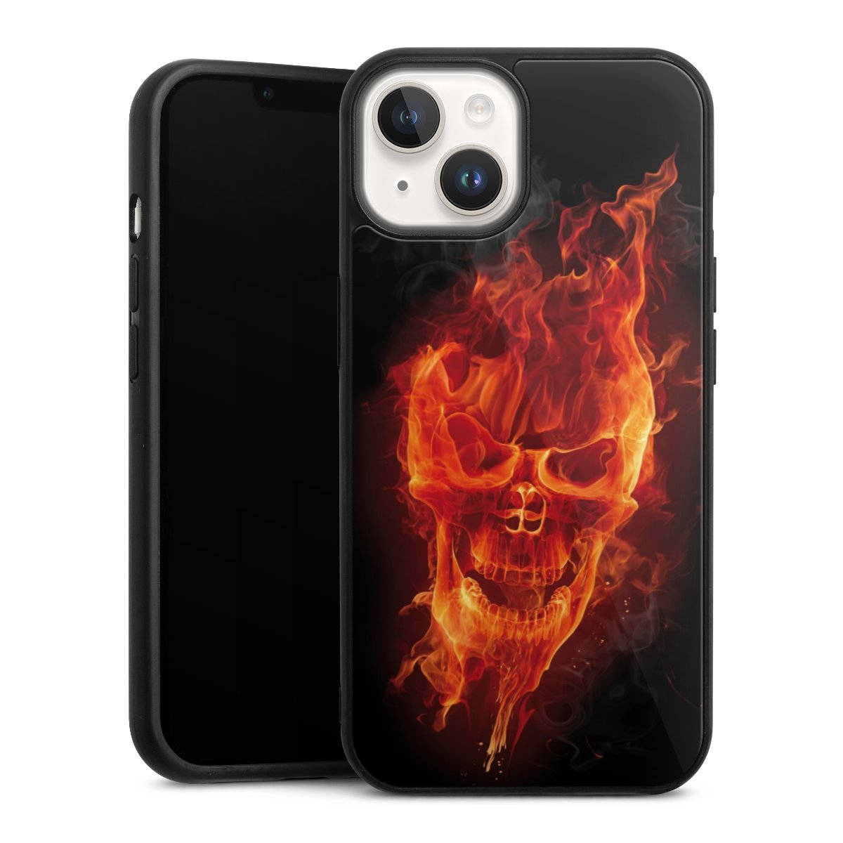 iPhone 14 Handy Gallery Case Handyhülle 9H Gehärtetes Glas Rückseite Hülle Totenkopf Skull Fire Gallery Case