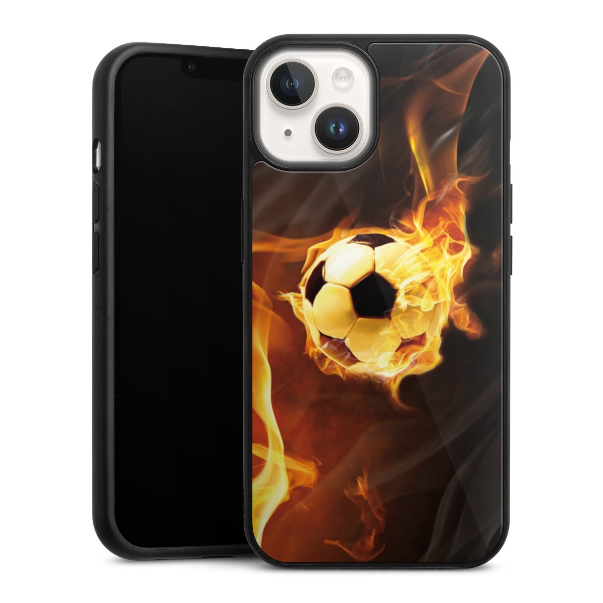 iPhone 14 Handy Gallery Case Handyhülle 9H Gehärtetes Glas Rückseite Hülle Ball Fire Soccer Gallery Case