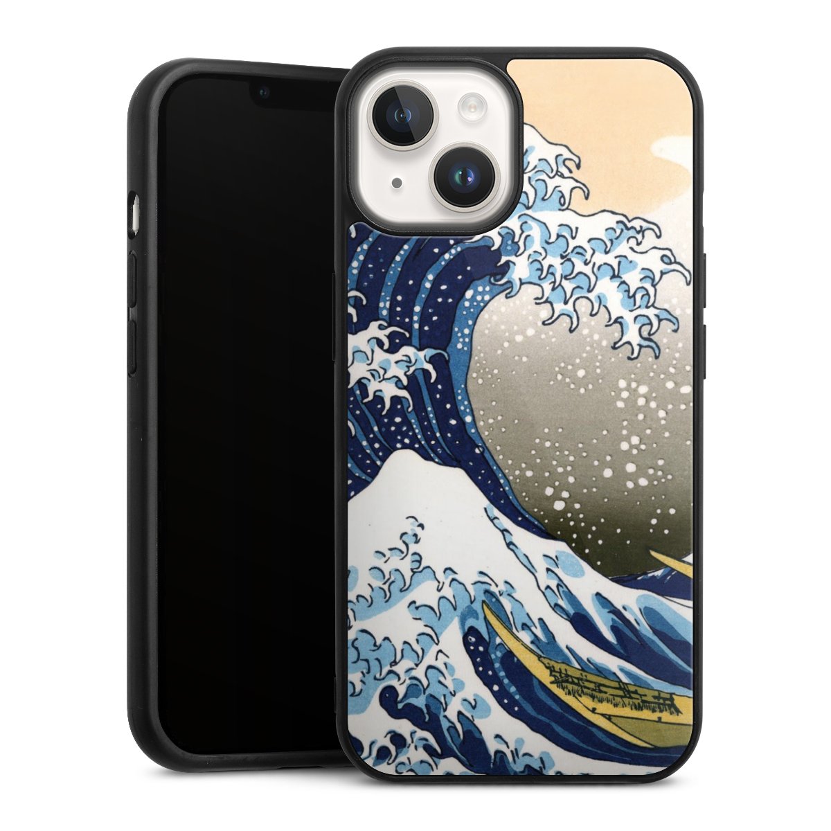 iPhone 14 Handy Gallery Case Handyhülle 9H Gehärtetes Glas Rückseite Hülle Kunst Katsushika Hokusai Die Große Welle Vor Kanagawa Gallery Case