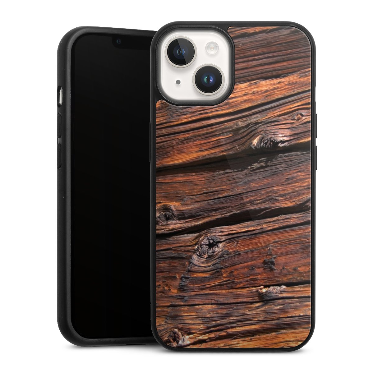 iPhone 14 Handy Gallery Case Handyhülle 9H Gehärtetes Glas Rückseite Hülle Beams Wooden Look Wood Gallery Case