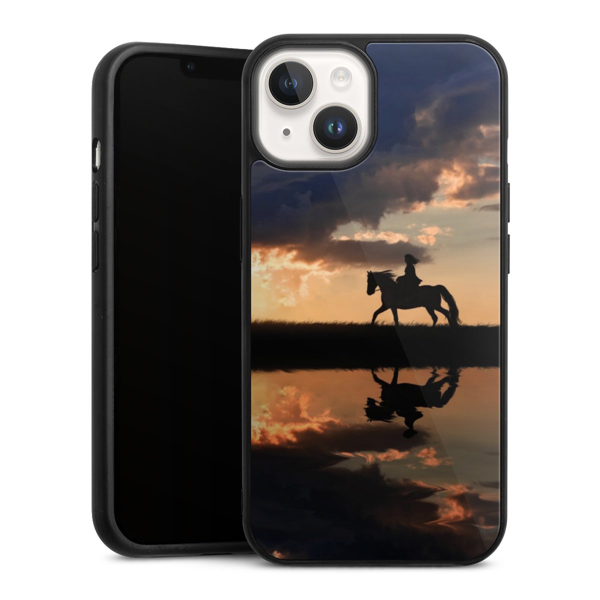 iPhone 14 Handy Gallery Case Handyhülle 9H Gehärtetes Glas Rückseite Hülle Horse Sunset Horseback Riding Gallery Case