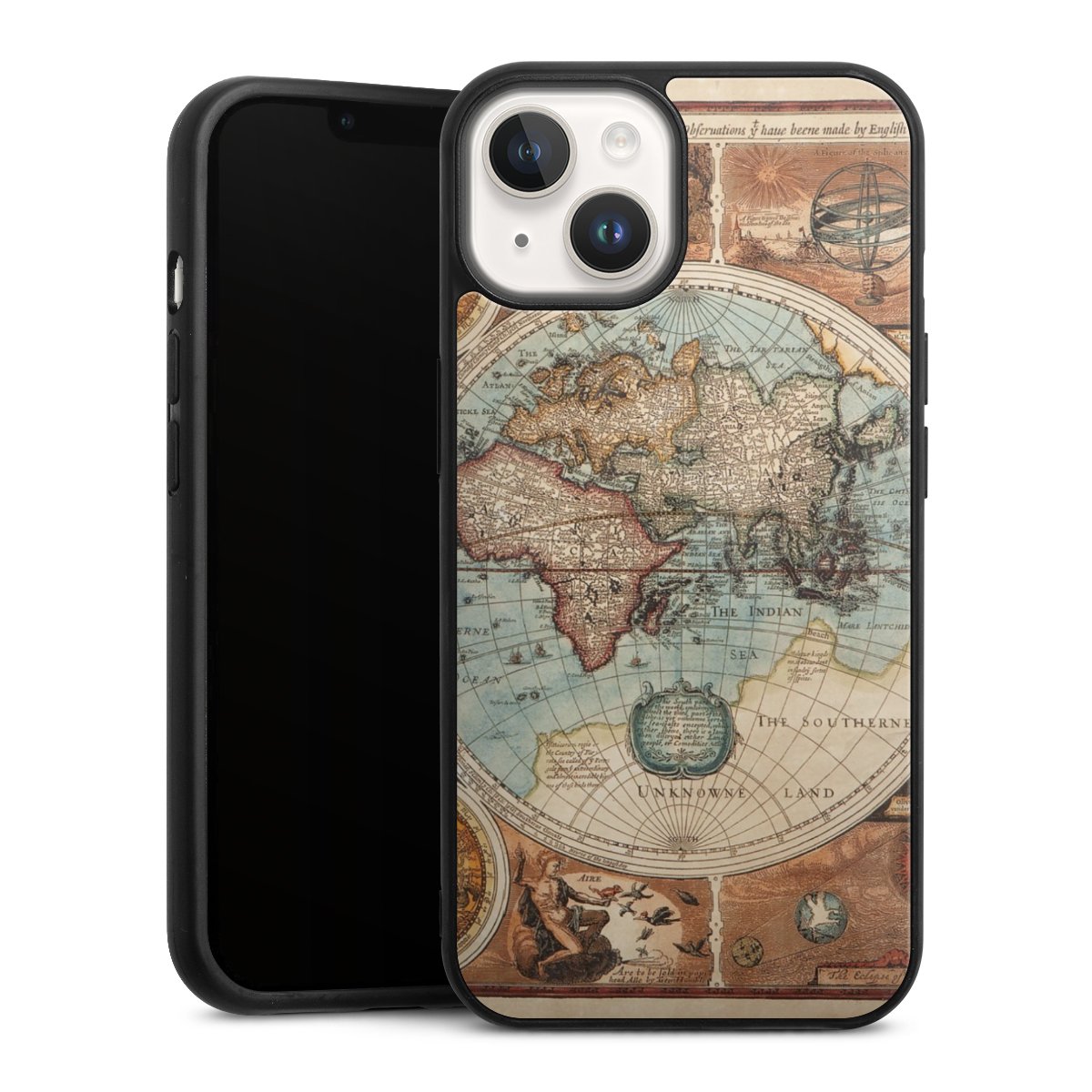 iPhone 14 Handy Gallery Case Handyhülle 9H Gehärtetes Glas Rückseite Hülle World Map Vintage Map Gallery Case