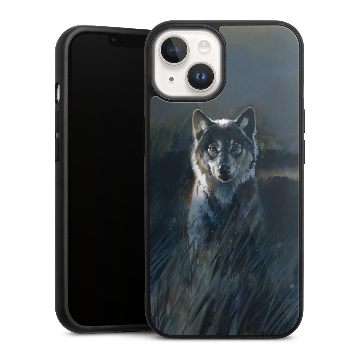 iPhone 14 Handy Gallery Case Handyhülle 9H Gehärtetes Glas Rückseite Hülle Nature Wolf Painting Gallery Case