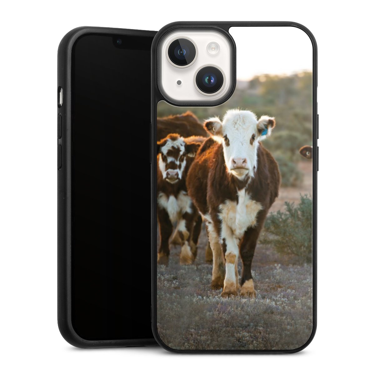 iPhone 14 Handy Gallery Case Handyhülle 9H Gehärtetes Glas Rückseite Hülle Cow Farmer Calf Gallery Case