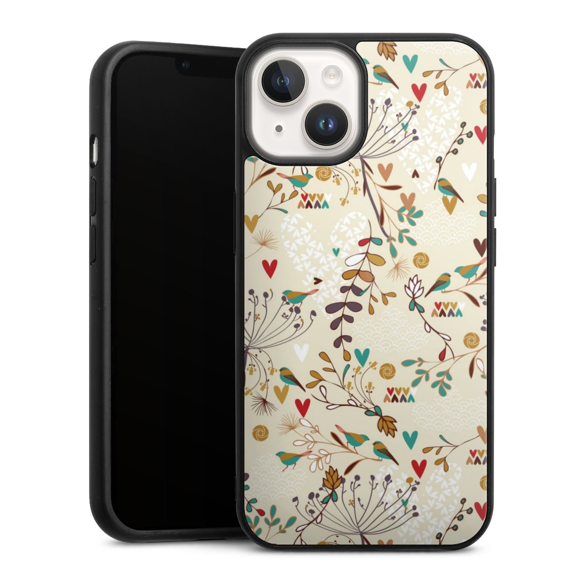 iPhone 14 Handy Gallery Case Handyhülle 9H Gehärtetes Glas Rückseite Hülle Bird Flowers Retro Gallery Case