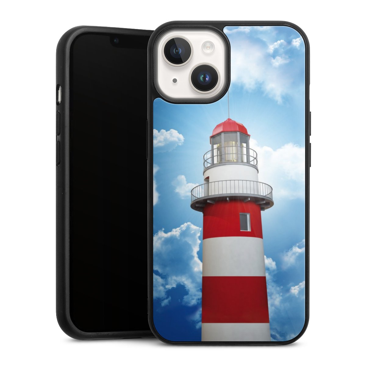 iPhone 14 Handy Gallery Case Handyhülle 9H Gehärtetes Glas Rückseite Hülle Lighthouse Sky Cloud Gallery Case