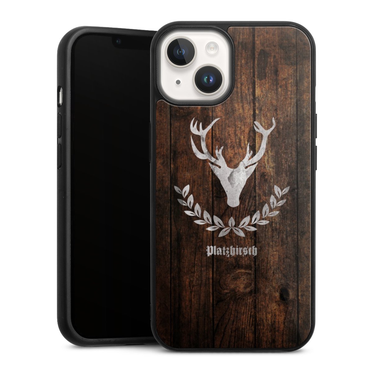 iPhone 14 Handy Gallery Case Handyhülle 9H Gehärtetes Glas Rückseite Hülle Deer Wood Wooden Look Gallery Case