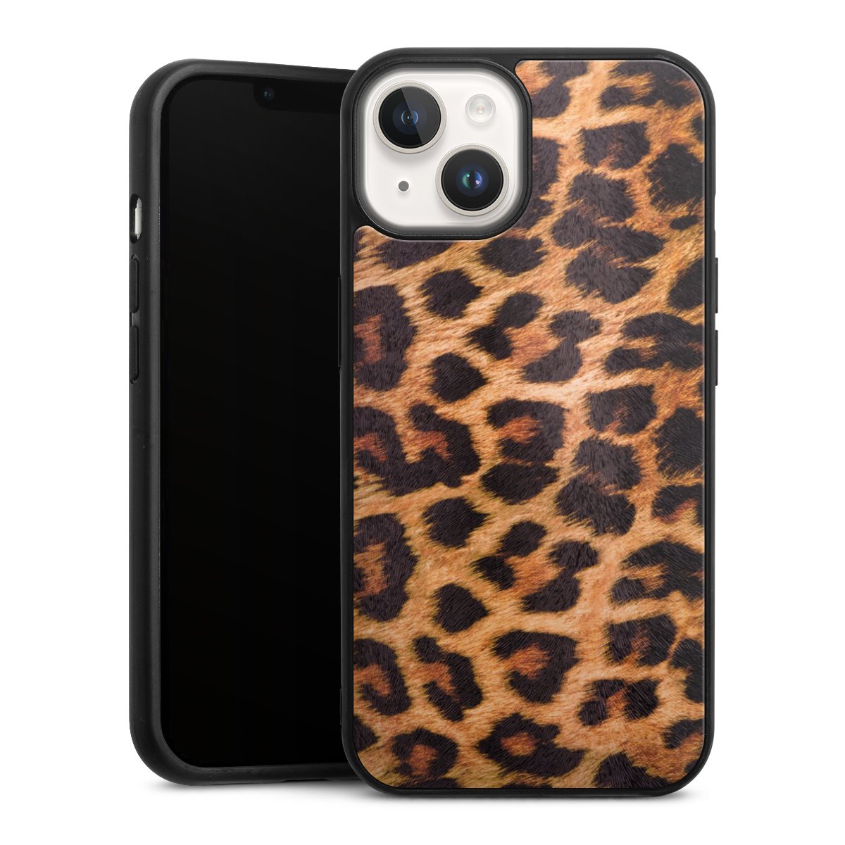 iPhone 14 Handy Gallery Case Handyhülle 9H Gehärtetes Glas Rückseite Hülle Animal Print Leopard Fur Gallery Case