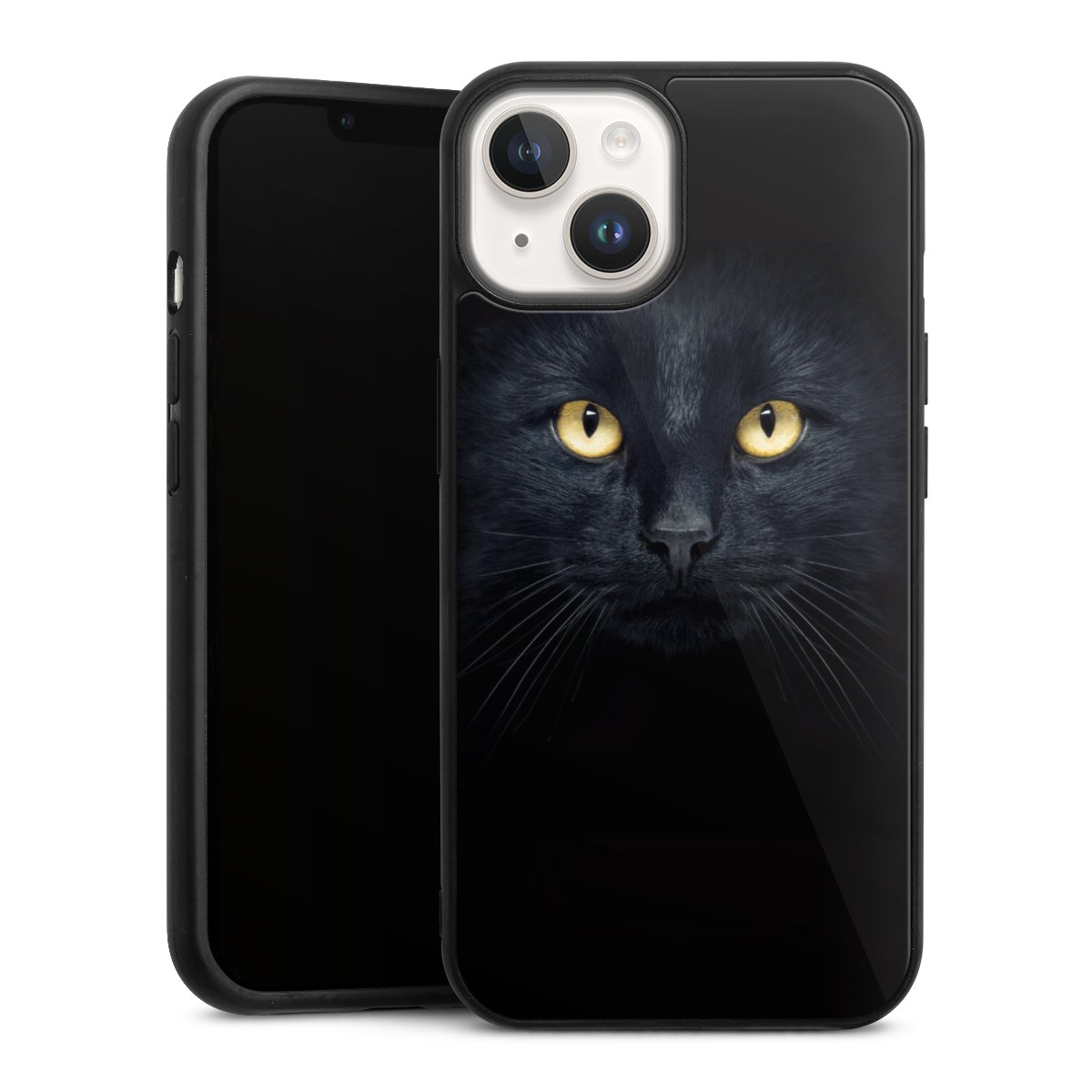 iPhone 14 Handy Gallery Case Handyhülle 9H Gehärtetes Glas Rückseite Hülle Eye Cat Black Gallery Case