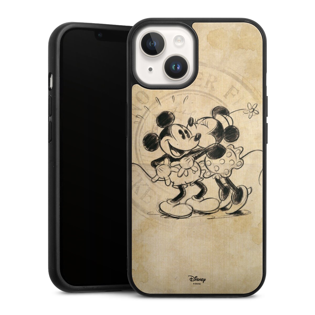 iPhone 14 Handy Gallery Case Handyhülle 9H Gehärtetes Glas Rückseite Hülle Mickey Mouse Vintage Minnie Mouse Gallery Case