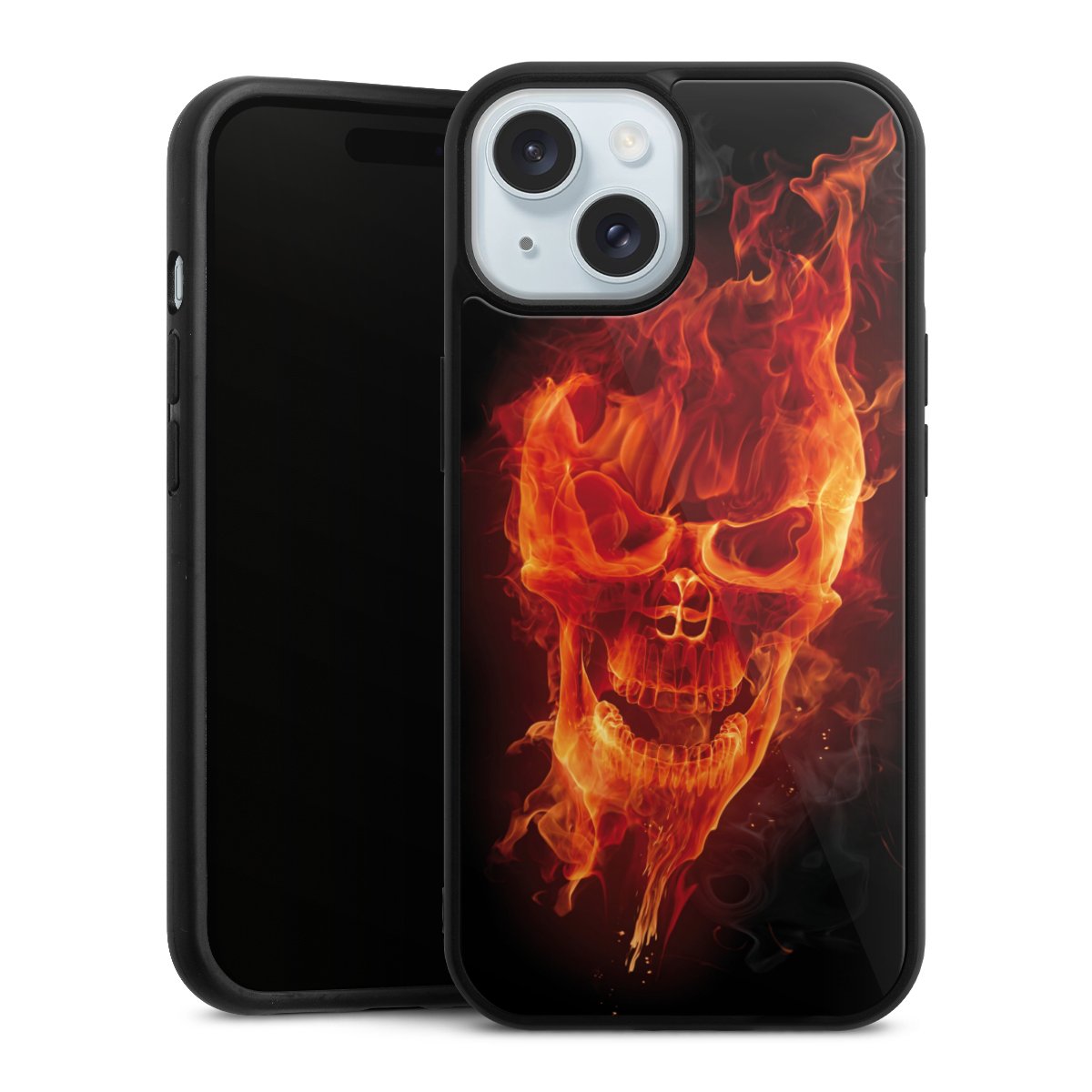 iPhone 15 Handy Gallery Case Handyhülle 9H Gehärtetes Glas Rückseite Hülle Totenkopf Skull Fire Gallery Case