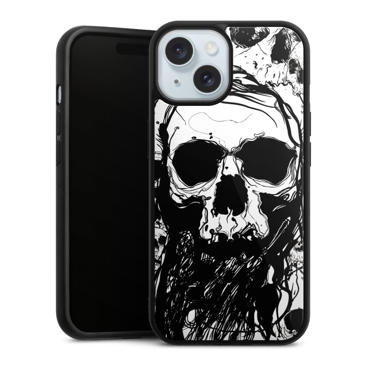 iPhone 15 Handy Gallery Case Handyhülle 9H Gehärtetes Glas Rückseite Hülle Totenkopf Halloween Gallery Case