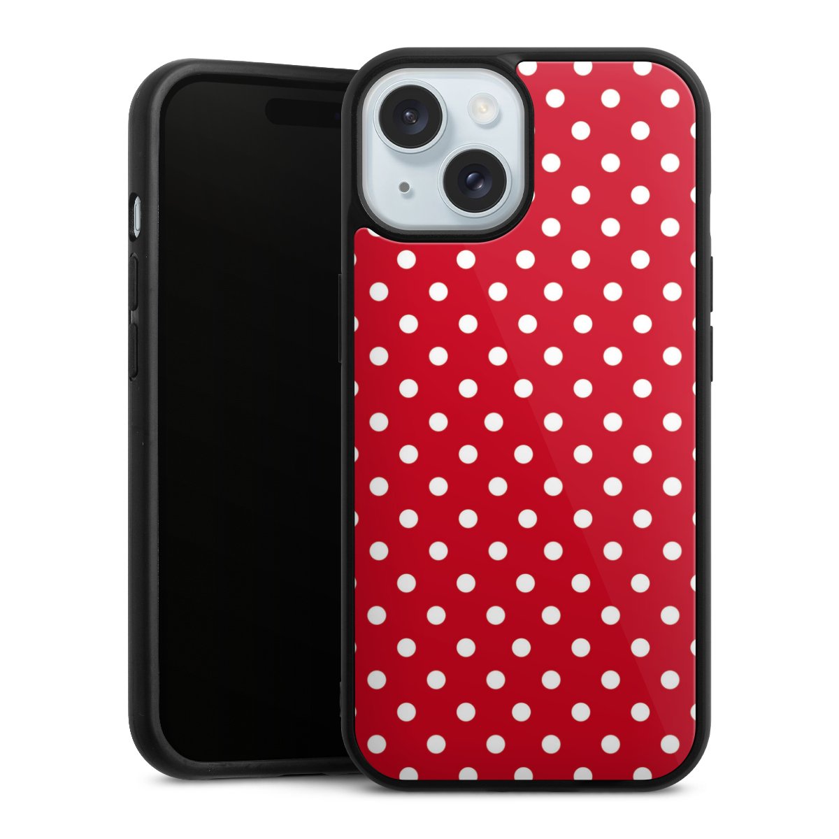 iPhone 15 Handy Gallery Case Handyhülle 9H Gehärtetes Glas Rückseite Hülle Points Polka Dots Retro Gallery Case