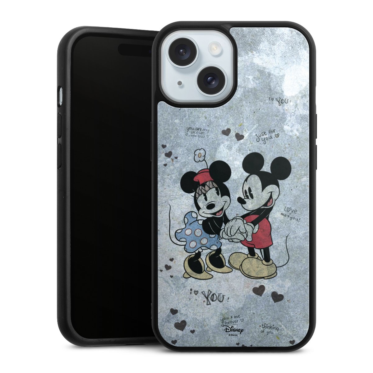 iPhone 15 Handy Gallery Case Handyhülle 9H Gehärtetes Glas Rückseite Hülle Mickey & Minnie Mouse Vintage Disney Gallery Case