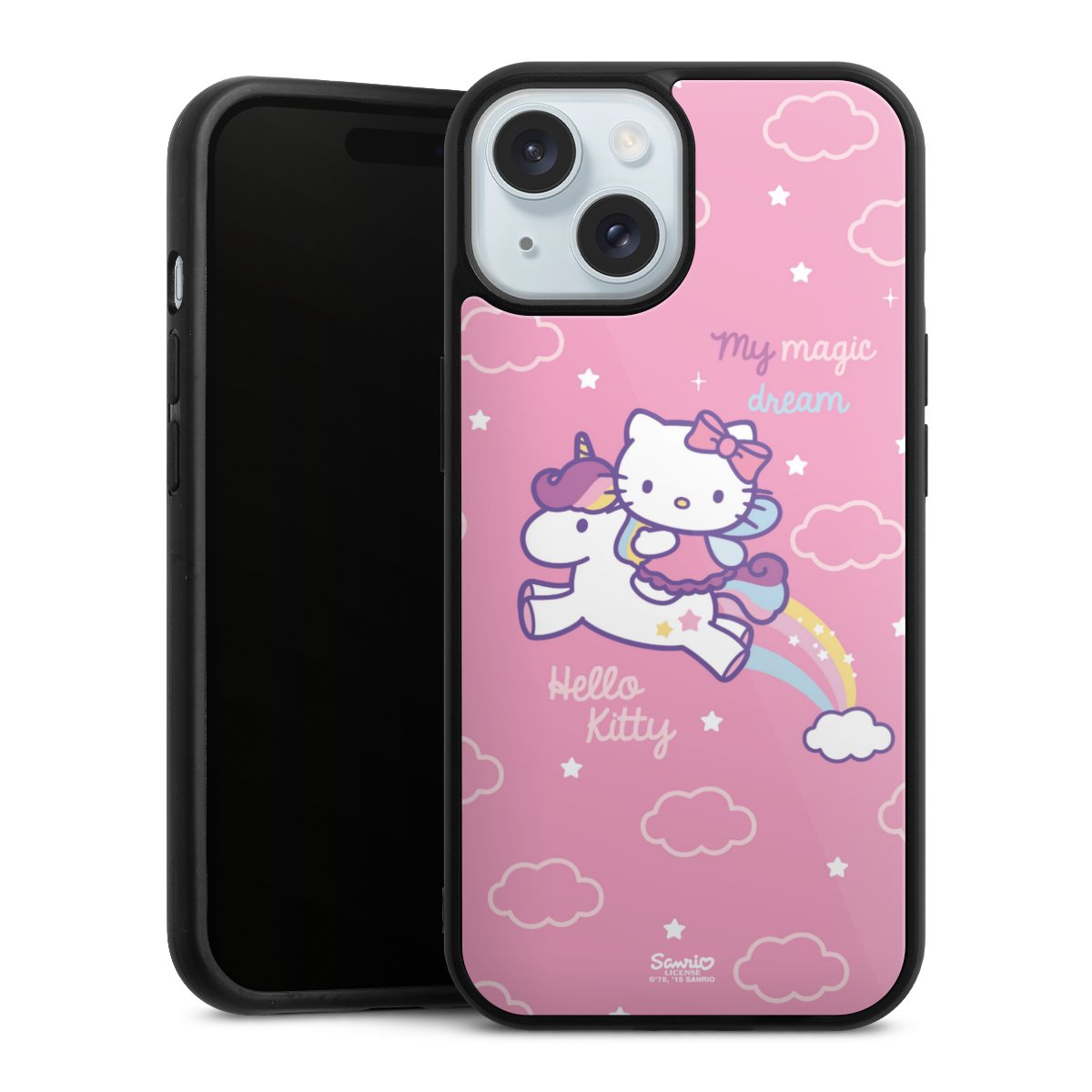 iPhone 15 Handy Gallery Case Handyhülle 9H Gehärtetes Glas Rückseite Hülle Einhorn Official Licensed Product Hello Kitty Gallery Case