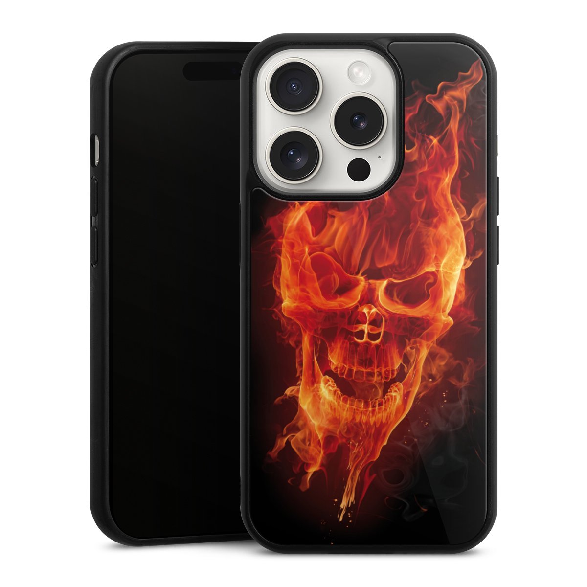 iPhone 15 Pro Handy Gallery Case Handyhülle 9H Gehärtetes Glas Rückseite Hülle Totenkopf Skull Fire Gallery Case