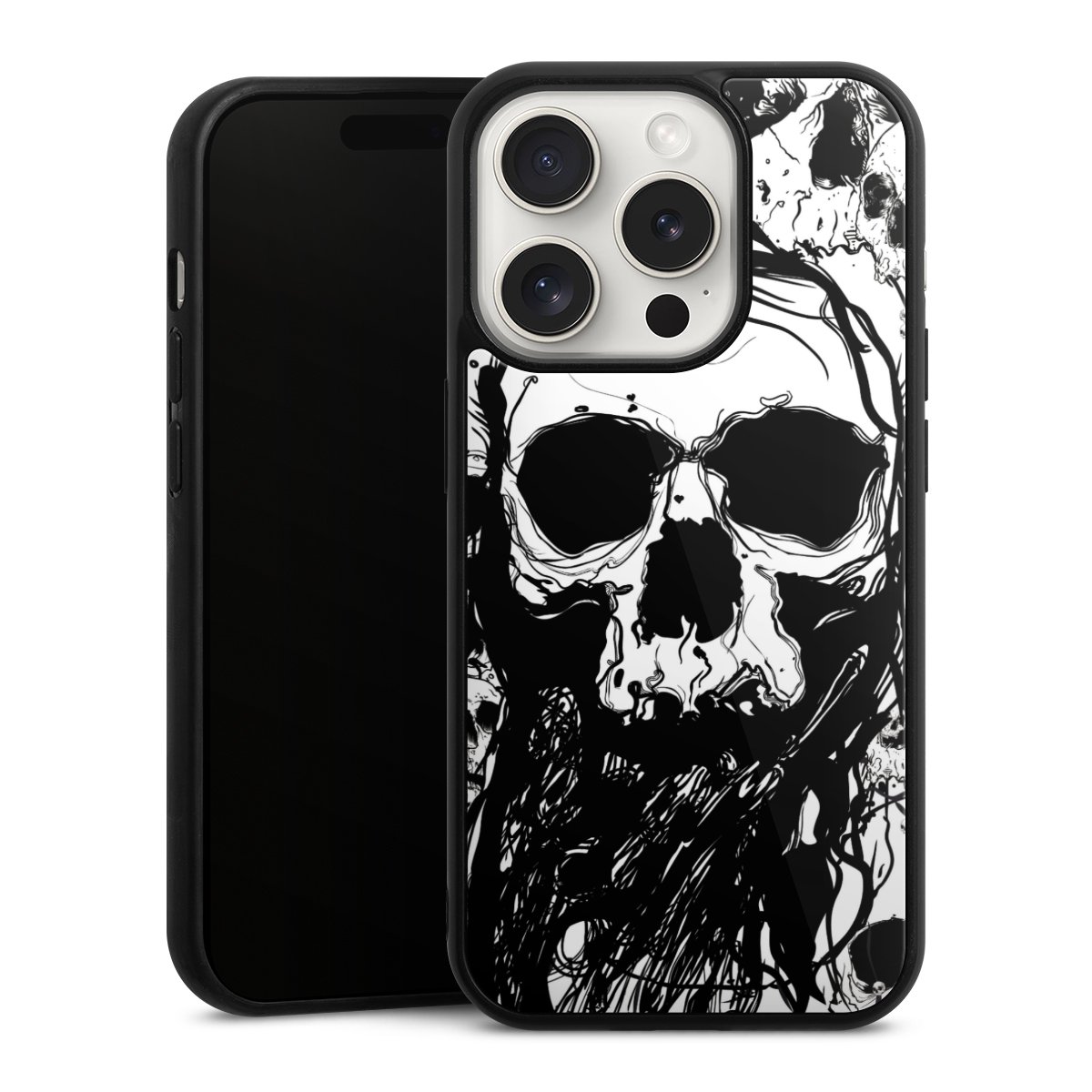 iPhone 15 Pro Handy Gallery Case Handyhülle 9H Gehärtetes Glas Rückseite Hülle Totenkopf Halloween Gallery Case