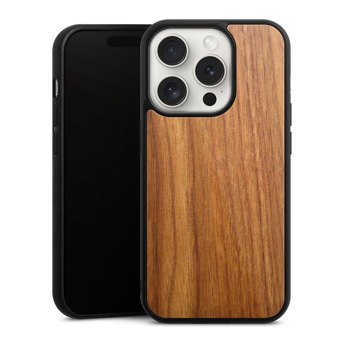 iPhone 15 Pro Handy Gallery Case Handyhülle 9H Gehärtetes Glas Rückseite Hülle Wood Larch Wooden Look Gallery Case