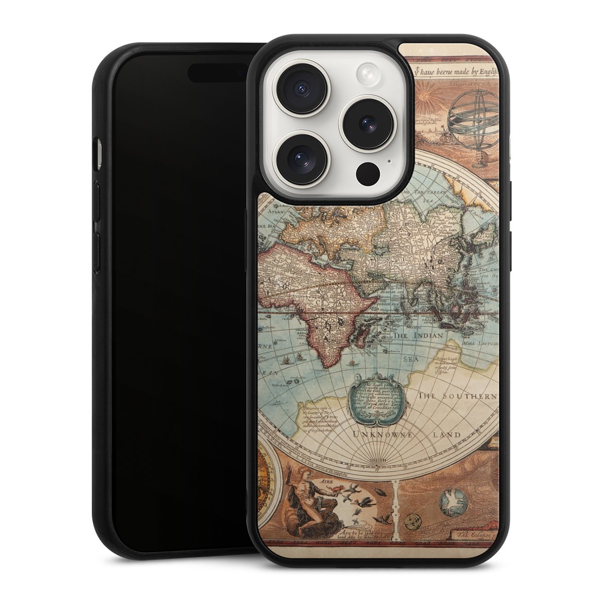 iPhone 15 Pro Handy Gallery Case Handyhülle 9H Gehärtetes Glas Rückseite Hülle World Map Vintage Map Gallery Case