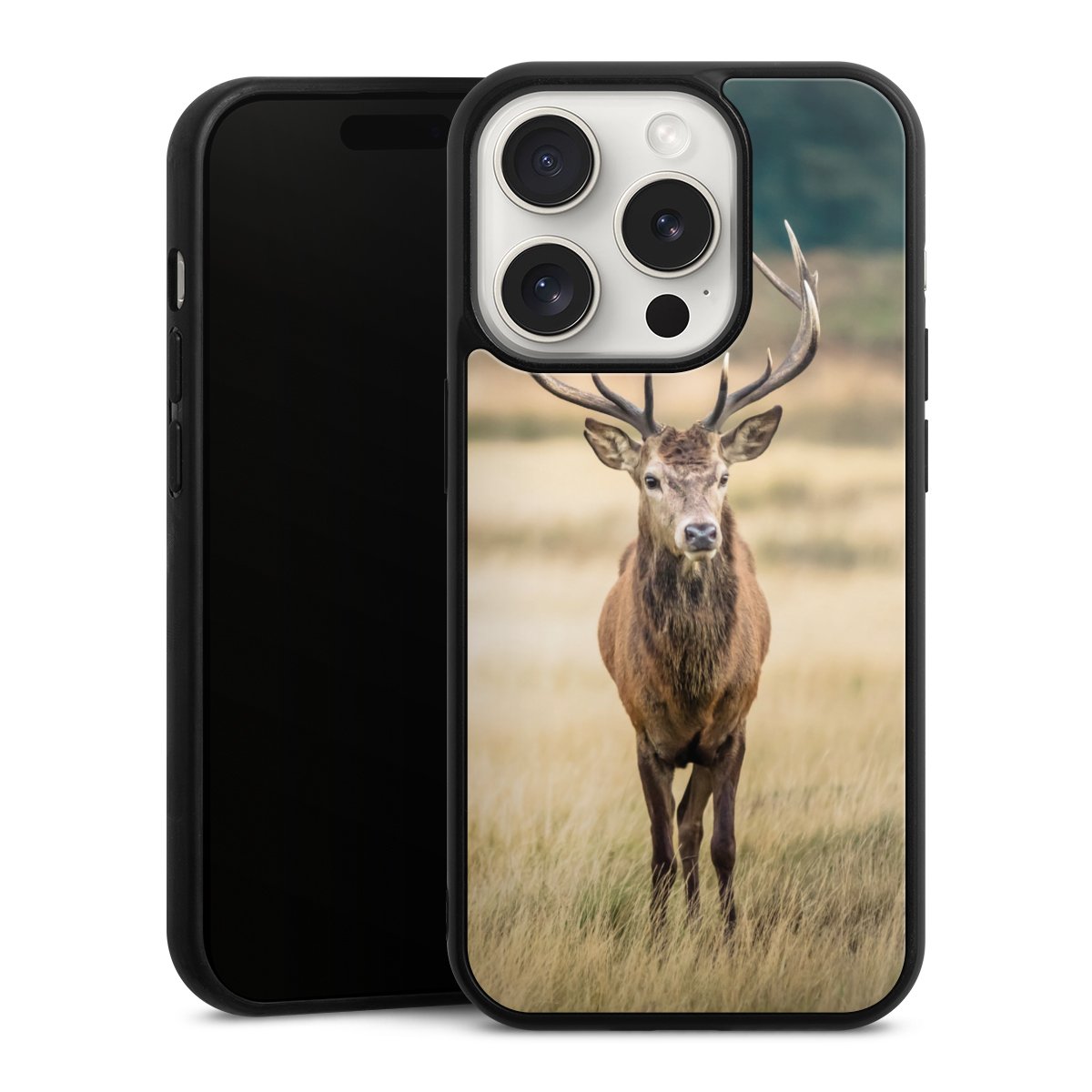 iPhone 15 Pro Handy Gallery Case Handyhülle 9H Gehärtetes Glas Rückseite Hülle Deer Meadow Forrest Gallery Case