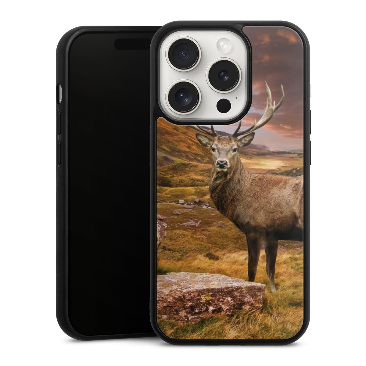 iPhone 15 Pro Handy Gallery Case Handyhülle 9H Gehärtetes Glas Rückseite Hülle Meadow Mountain Deer Gallery Case