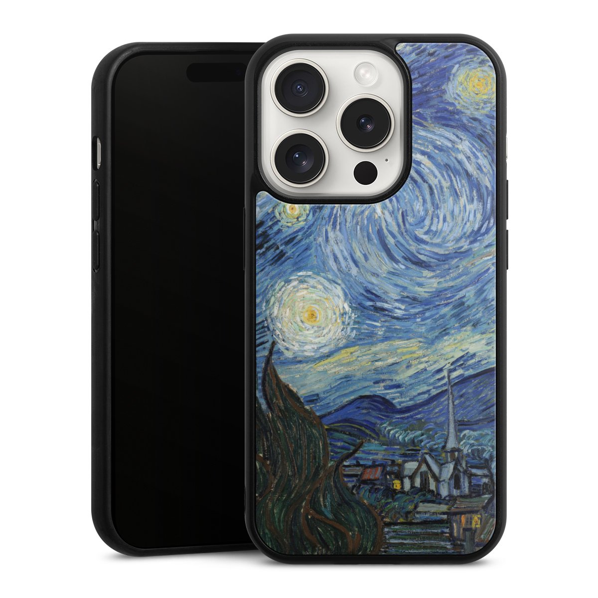 iPhone 15 Pro Handy Gallery Case Handyhülle 9H Gehärtetes Glas Rückseite Hülle The Starry Night Kunst Vincent Van Gogh Gallery Case