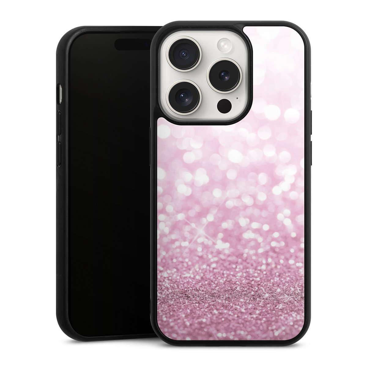 iPhone 15 Pro Handy Gallery Case Handyhülle 9H Gehärtetes Glas Rückseite Hülle Glitzer Pink Shine Gallery Case