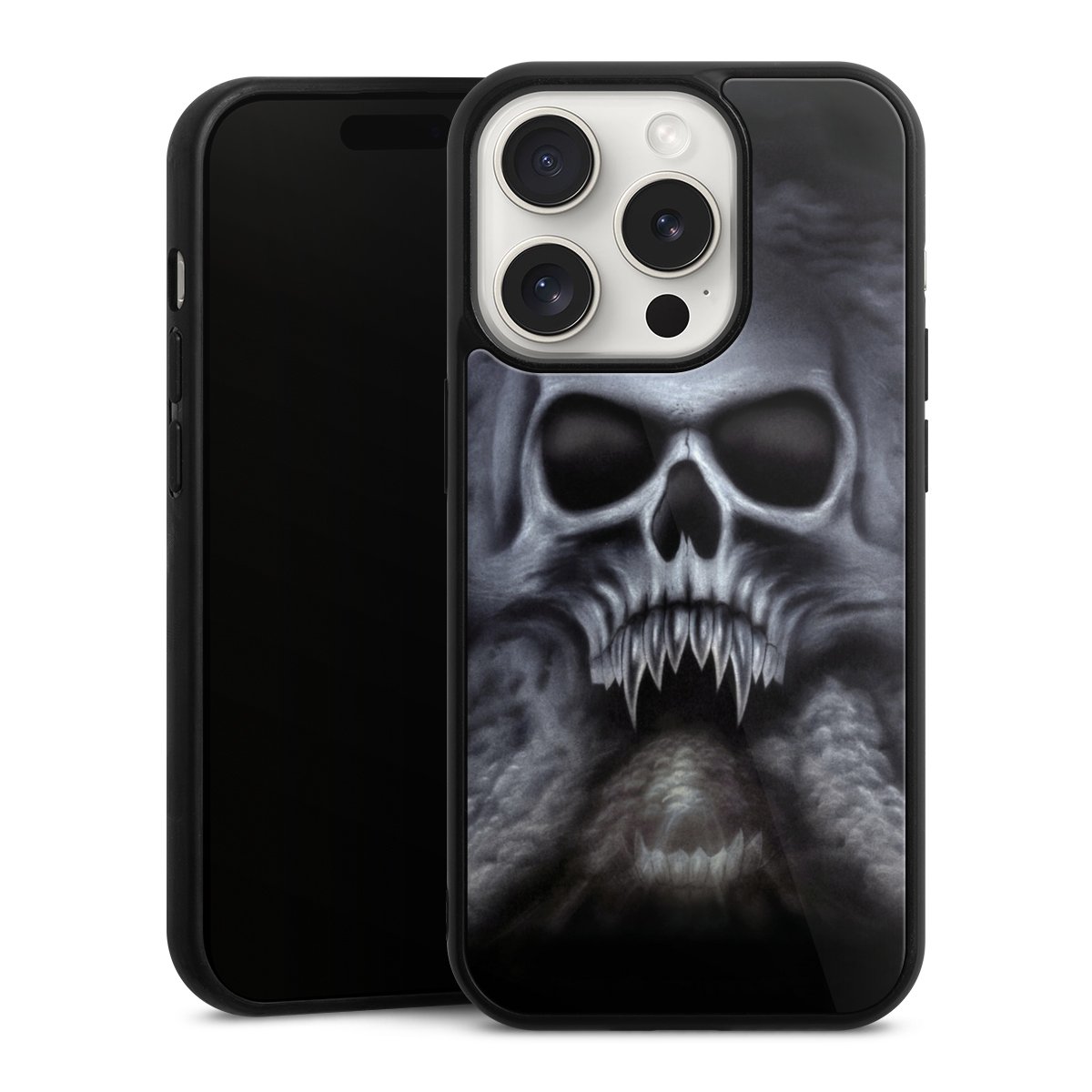 iPhone 15 Pro Handy Gallery Case Handyhülle 9H Gehärtetes Glas Rückseite Hülle Totenkopf Skull Gallery Case