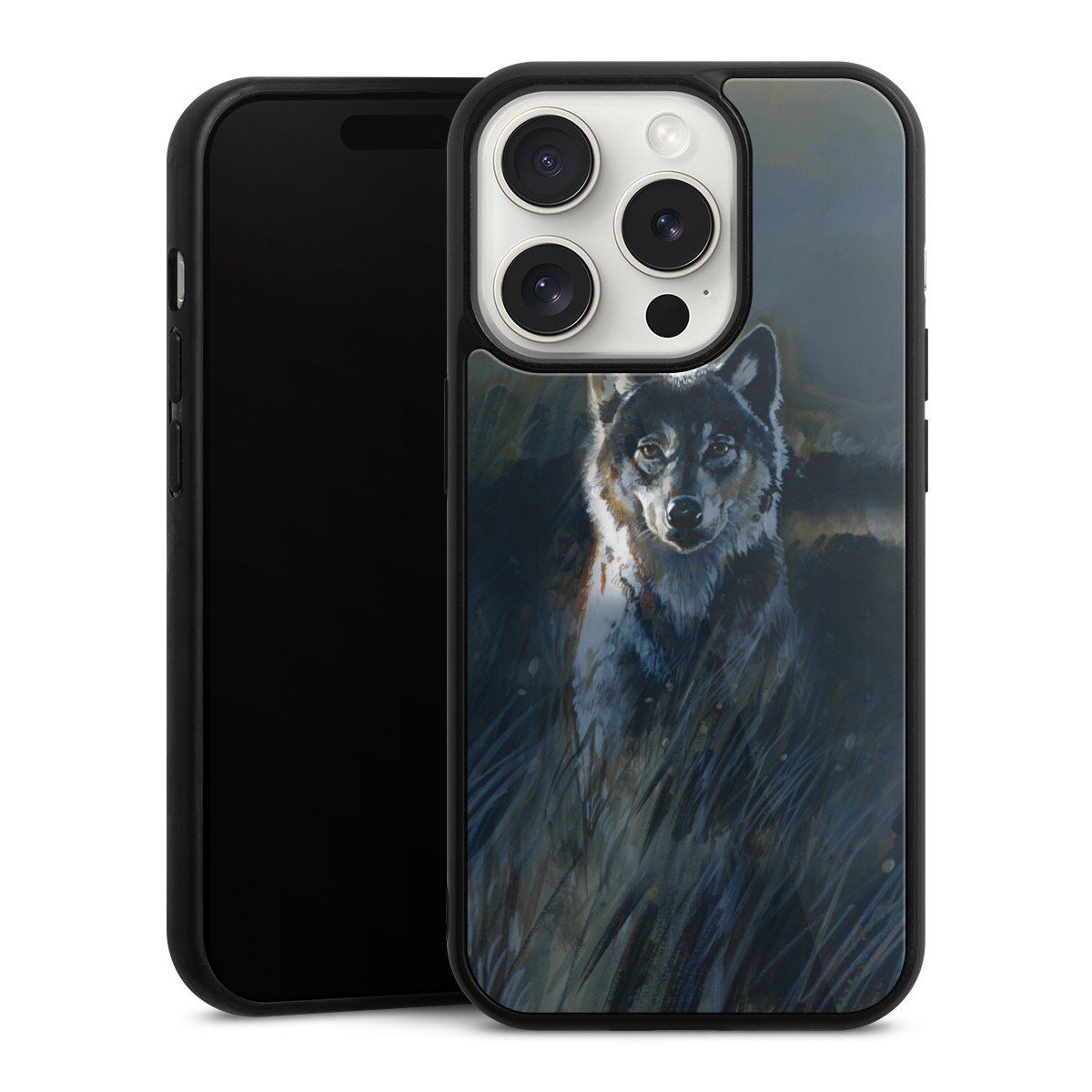 iPhone 15 Pro Handy Gallery Case Handyhülle 9H Gehärtetes Glas Rückseite Hülle Nature Wolf Painting Gallery Case