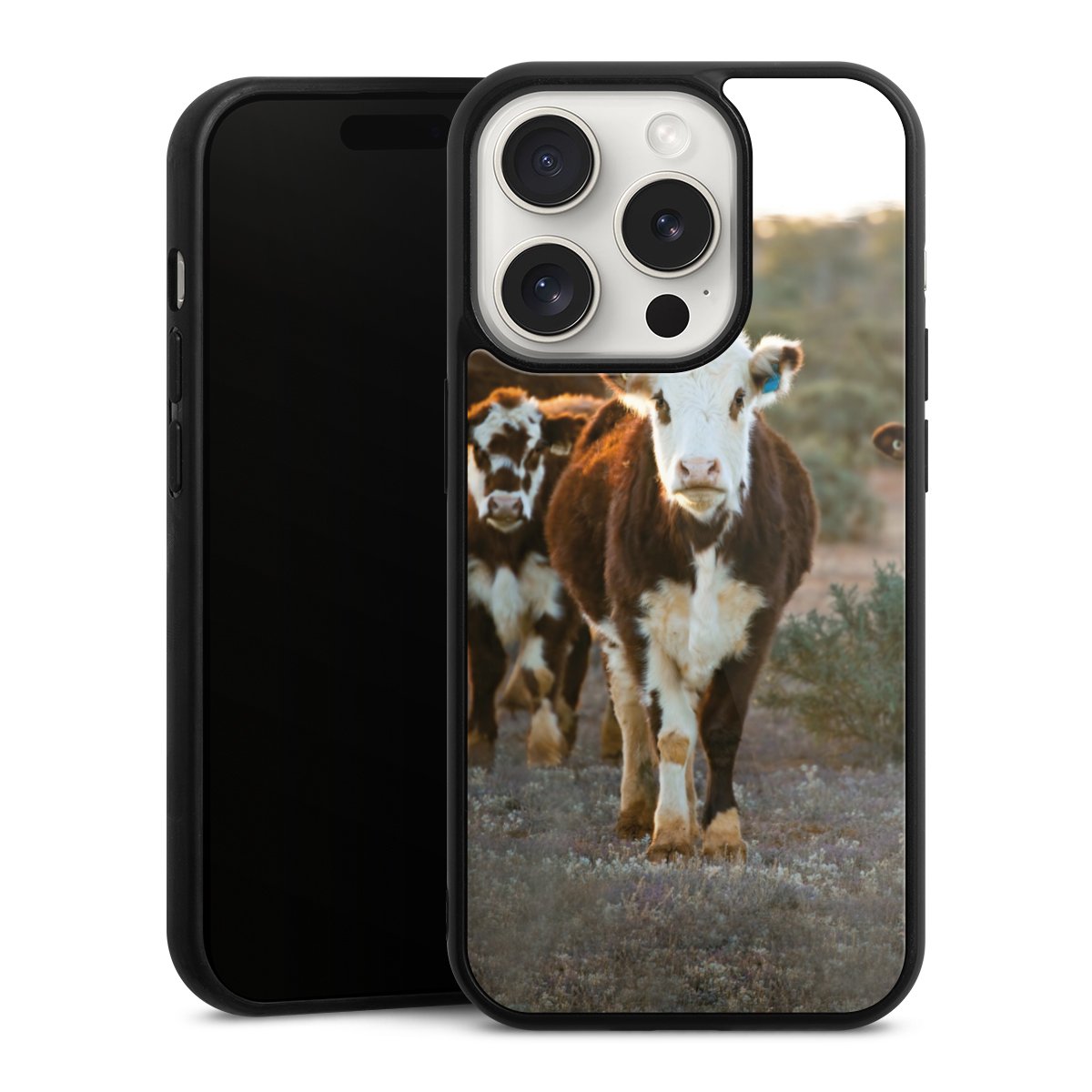 iPhone 15 Pro Handy Gallery Case Handyhülle 9H Gehärtetes Glas Rückseite Hülle Cow Farmer Calf Gallery Case