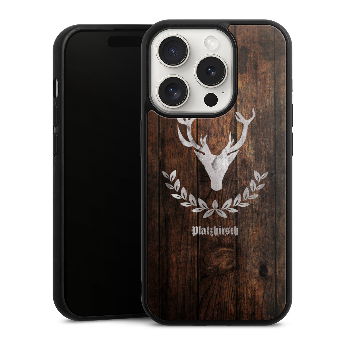 iPhone 15 Pro Handy Gallery Case Handyhülle 9H Gehärtetes Glas Rückseite Hülle Deer Wood Wooden Look Gallery Case