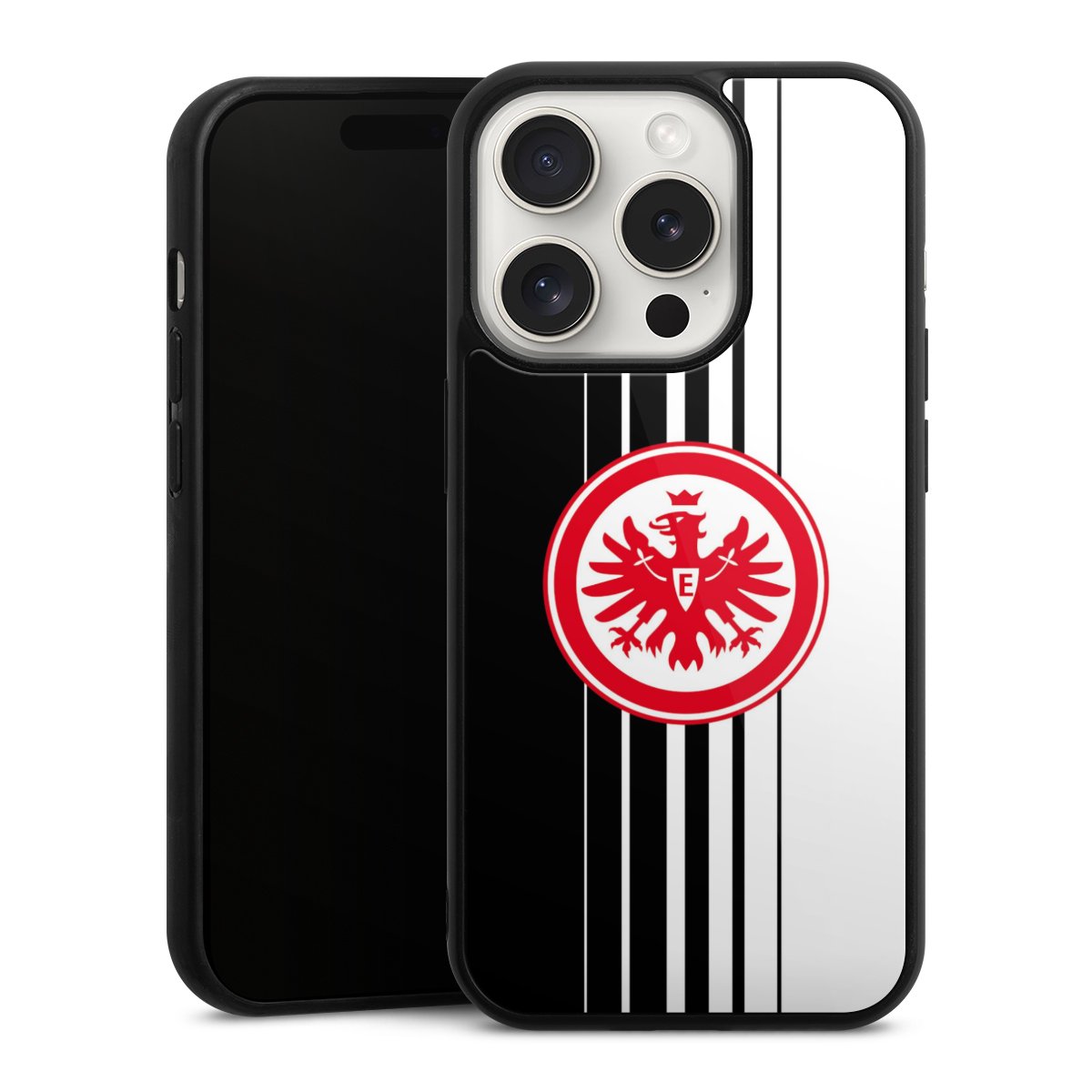 iPhone 15 Pro Handy Gallery Case Handyhülle 9H Gehärtetes Glas Rückseite Hülle Stripes Eintracht Frankfurt Official Licensed Product Gallery Case