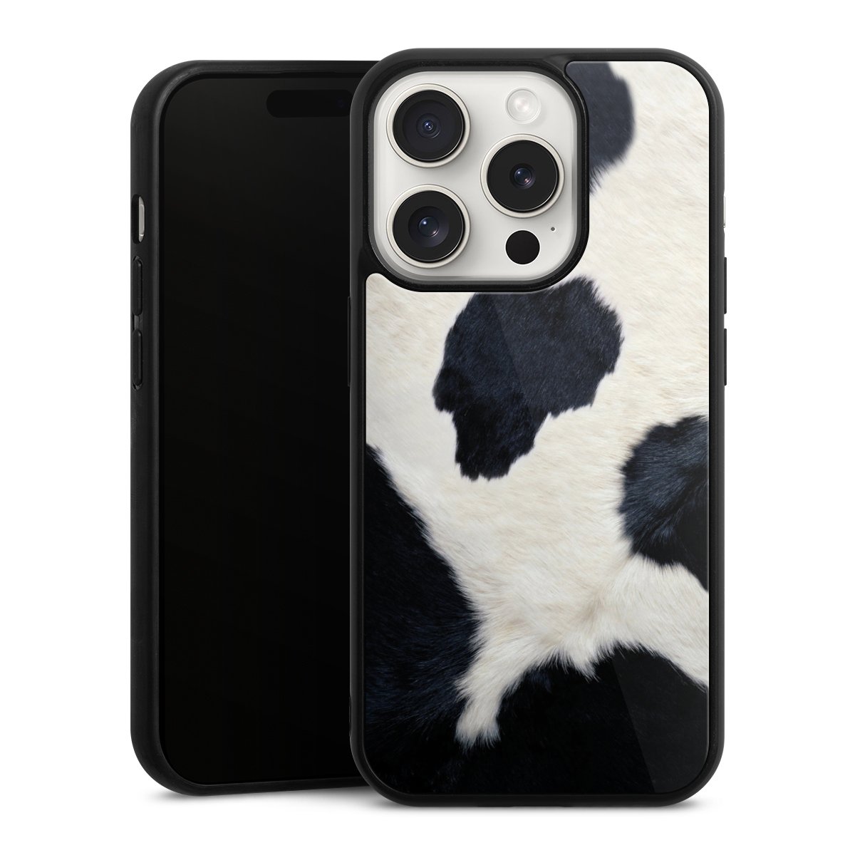 iPhone 15 Pro Handy Gallery Case Handyhülle 9H Gehärtetes Glas Rückseite Hülle Animal Look Animal Print Cow Skin Gallery Case