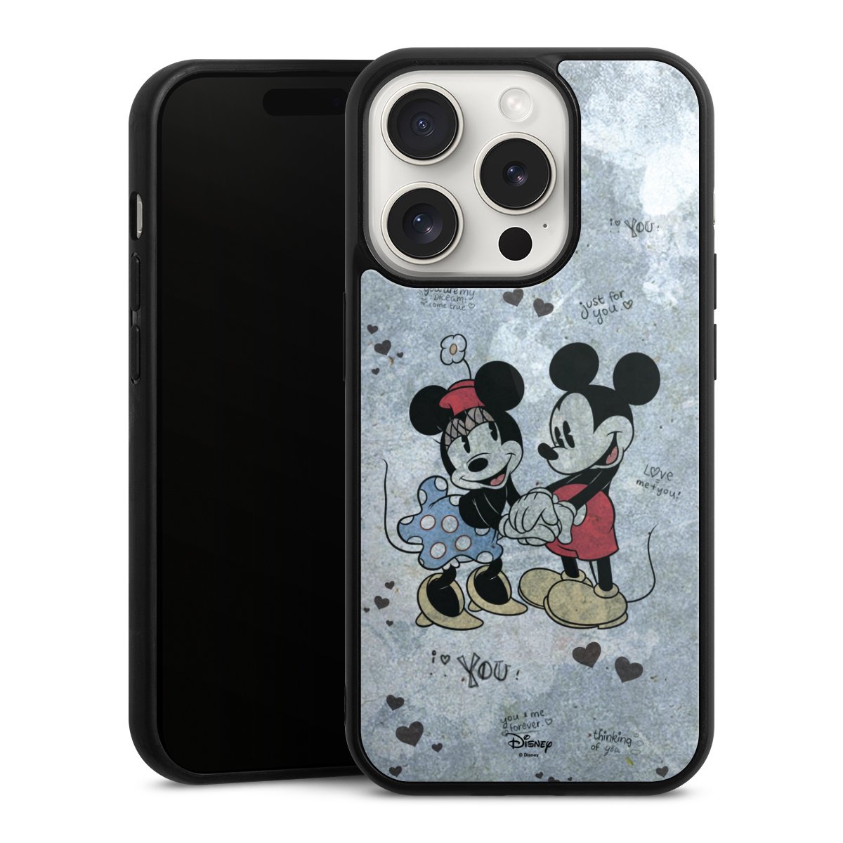 iPhone 15 Pro Handy Gallery Case Handyhülle 9H Gehärtetes Glas Rückseite Hülle Mickey & Minnie Mouse Vintage Disney Gallery Case