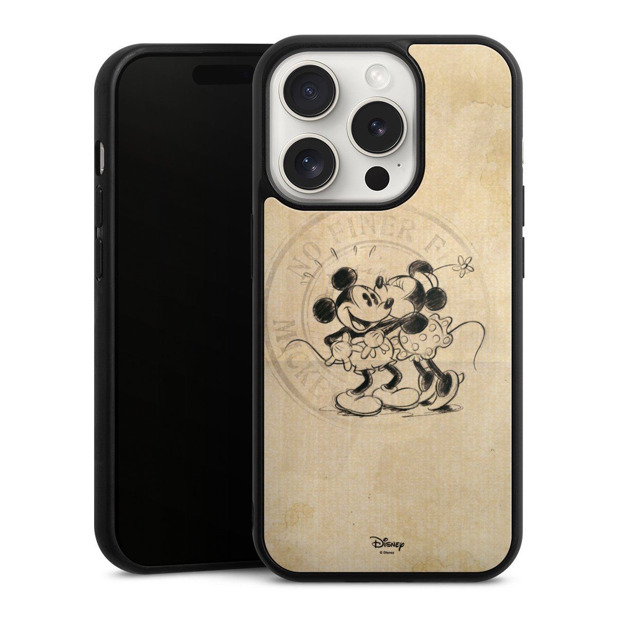 iPhone 15 Pro Handy Gallery Case Handyhülle 9H Gehärtetes Glas Rückseite Hülle Mickey Mouse Vintage Minnie Mouse Gallery Case