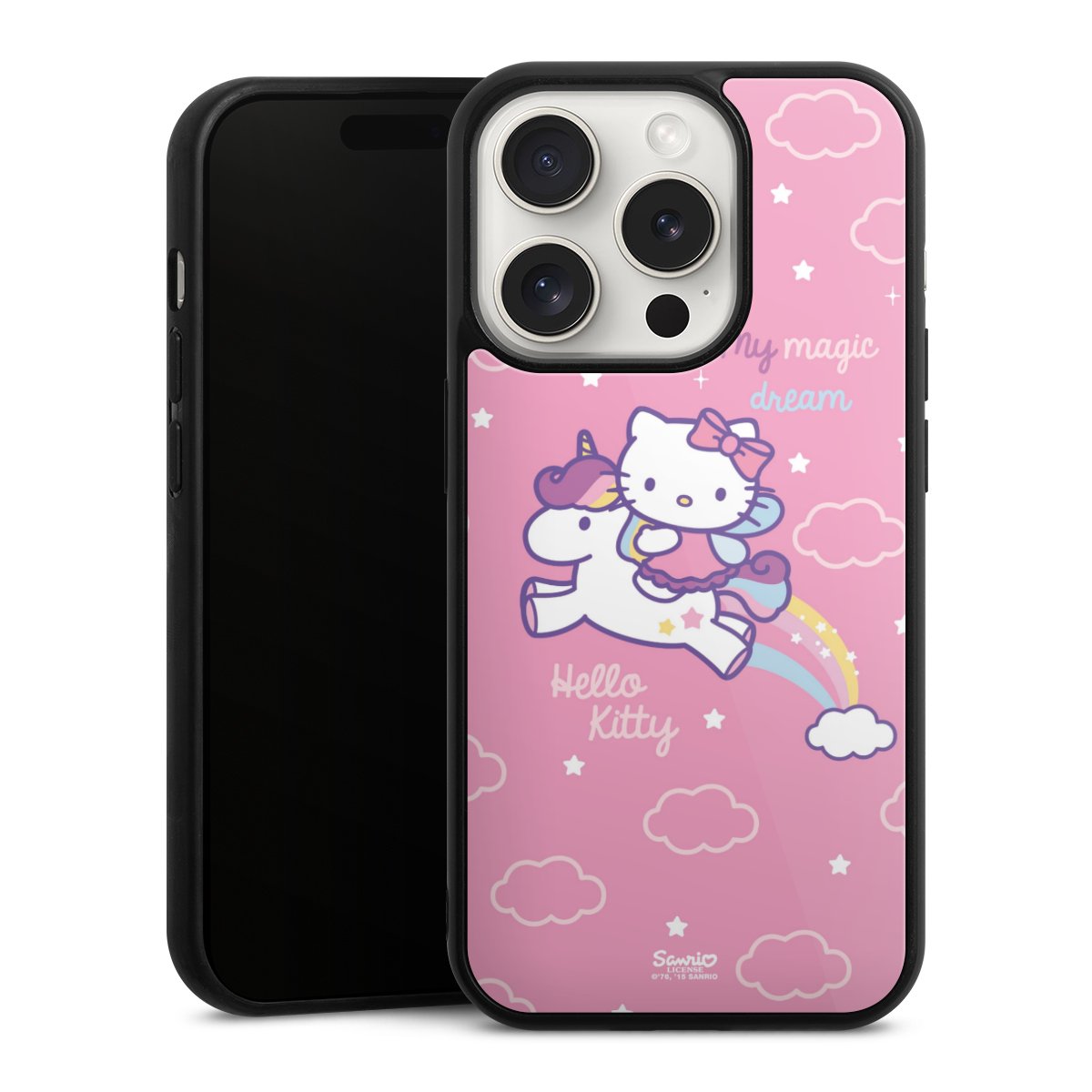 iPhone 15 Pro Handy Gallery Case Handyhülle 9H Gehärtetes Glas Rückseite Hülle Einhorn Official Licensed Product Hello Kitty Gallery Case