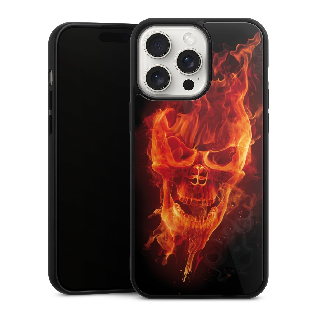 iPhone 15 Pro Max Handy Gallery Case Handyhülle 9H Gehärtetes Glas Rückseite Hülle Totenkopf Skull Fire Gallery Case