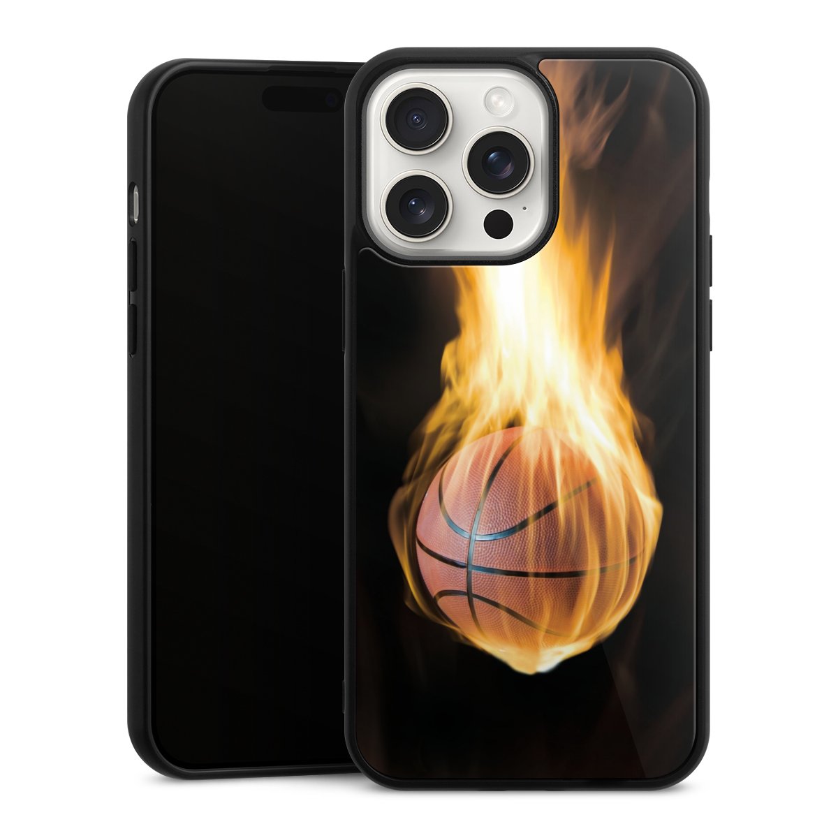 iPhone 15 Pro Max Handy Gallery Case Handyhülle 9H Gehärtetes Glas Rückseite Hülle Basketball Sports Fire Gallery Case