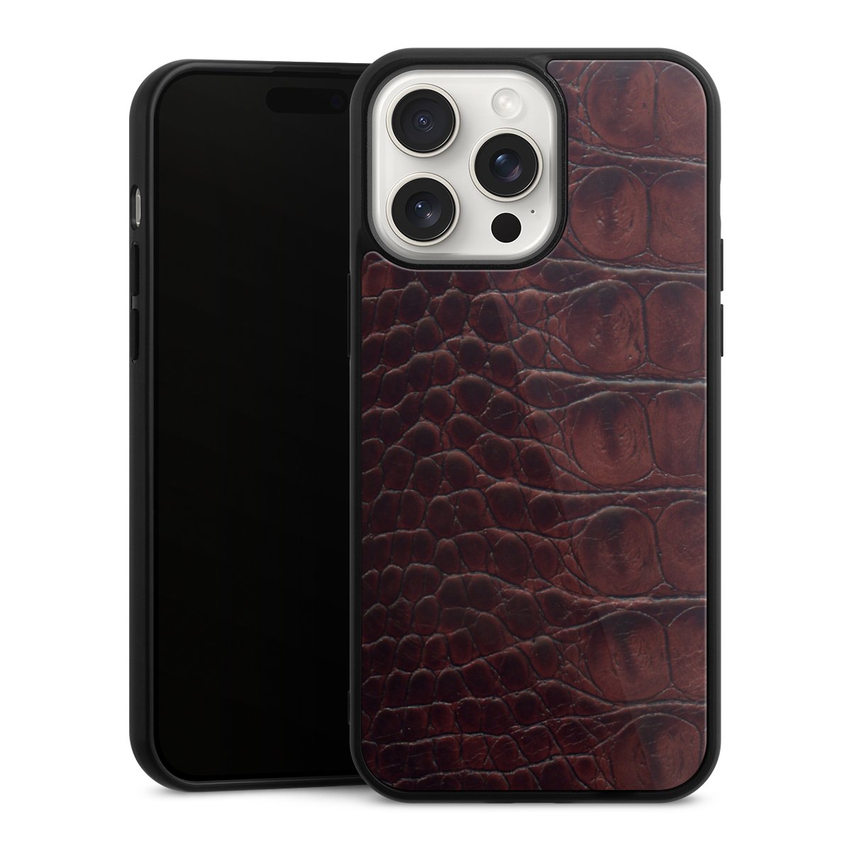 iPhone 15 Pro Max Handy Gallery Case Handyhülle 9H Gehärtetes Glas Rückseite Hülle Crocodile Animal Print Leather Gallery Case